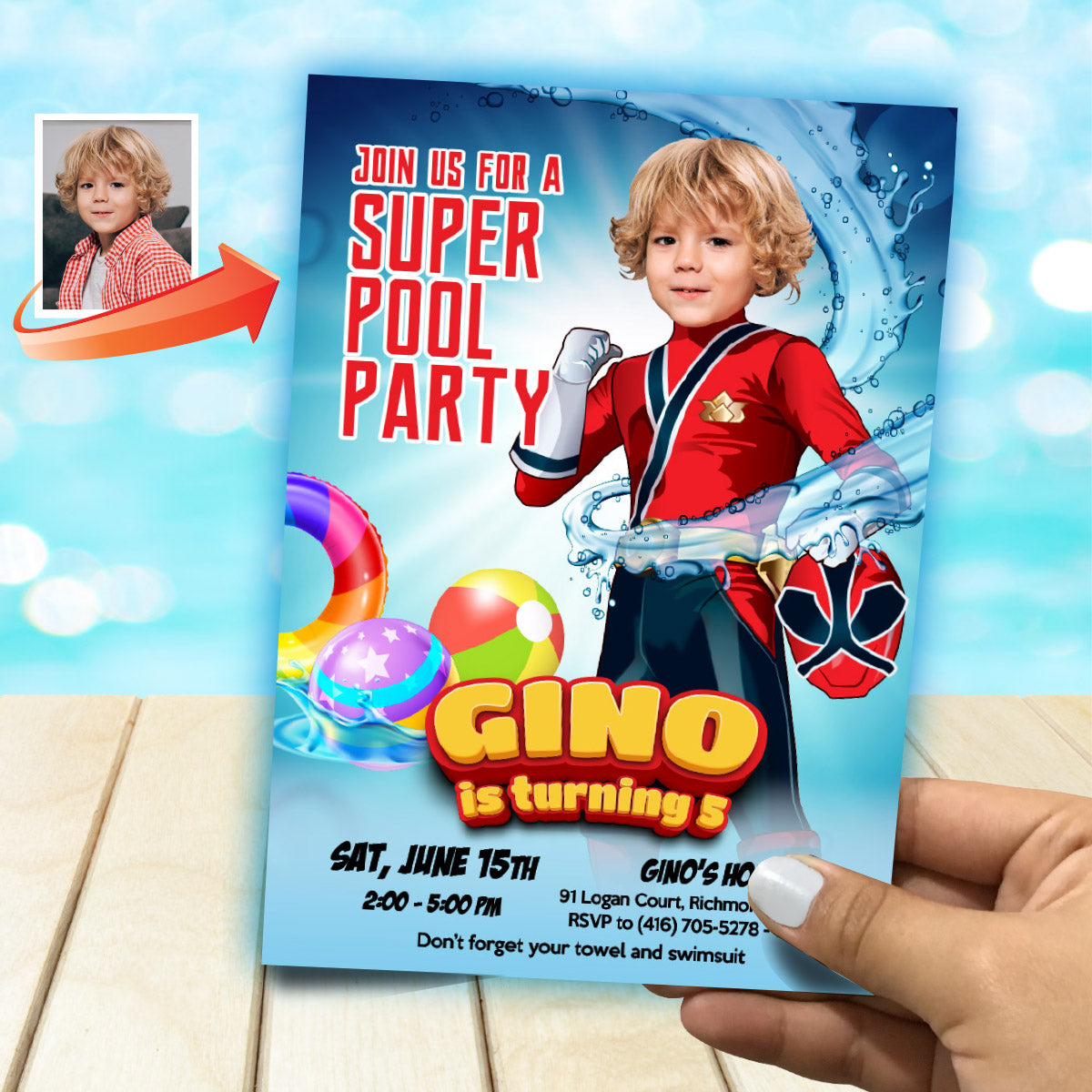Red Power Ranger Pool Party Invite with Photo, Power Rangers Water Party. 872IN