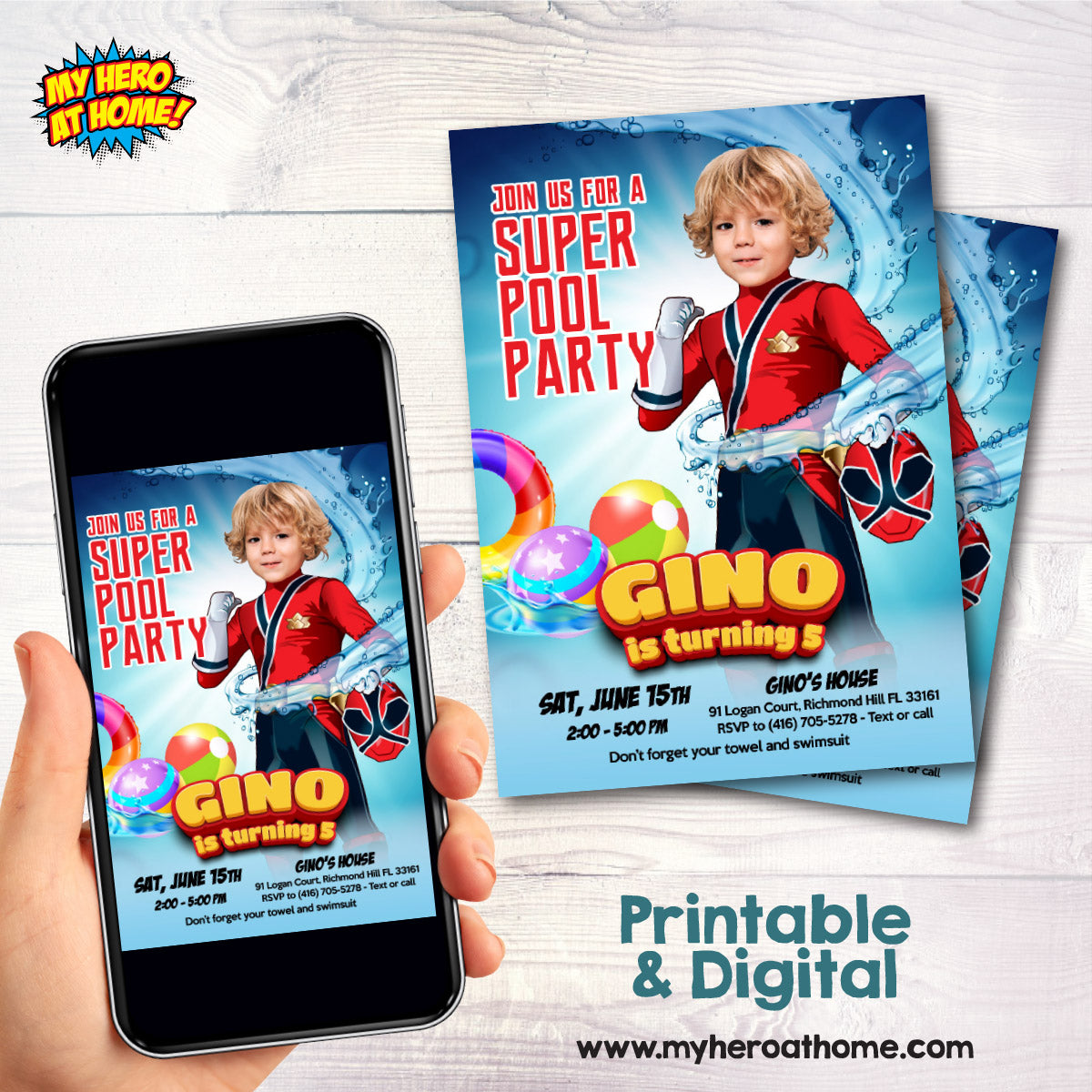 Red Power Ranger Pool Party Invite with Photo, Power Rangers Water Party. 872IN
