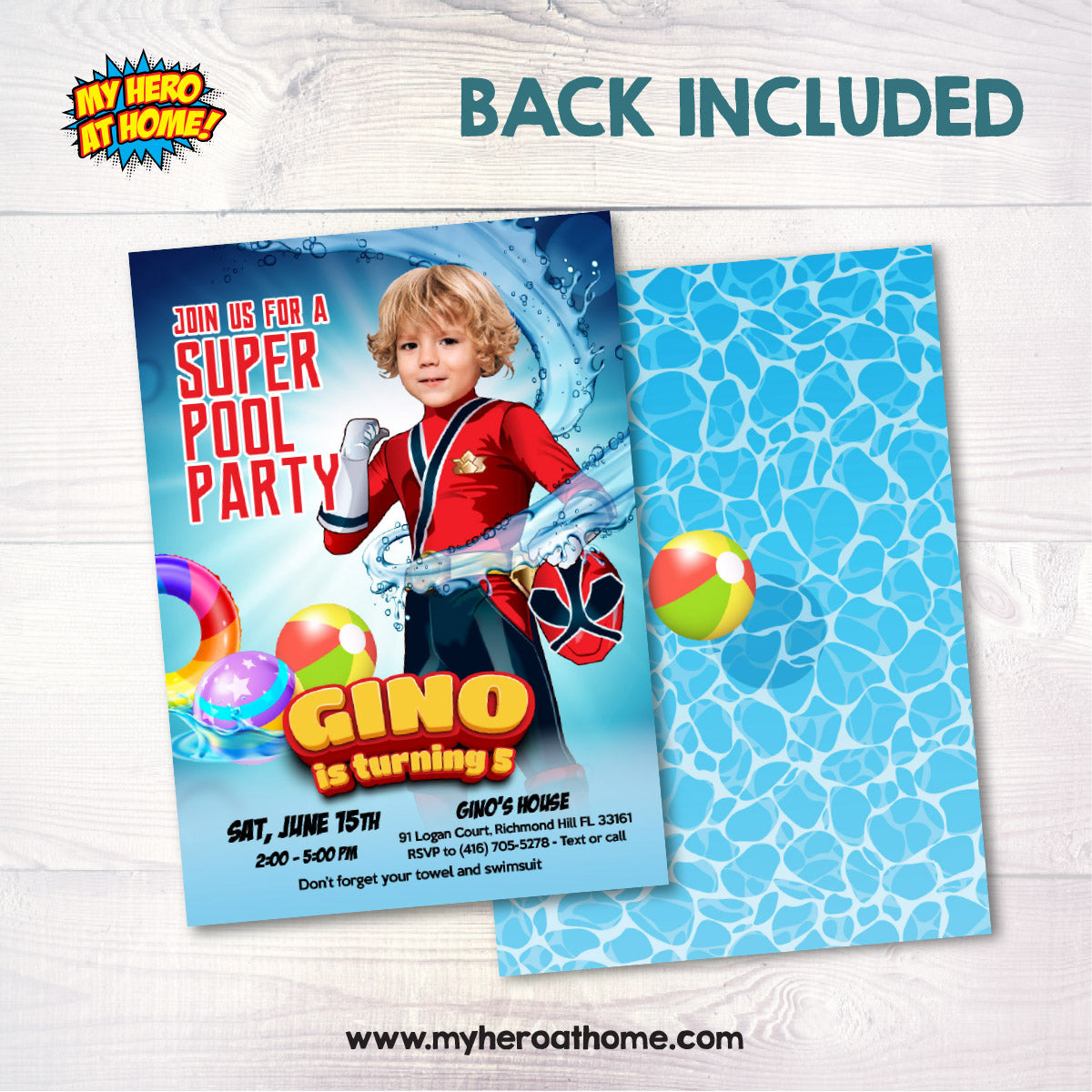 Red Power Ranger Pool Party Invite with Photo, Power Rangers Water Party. 872IN