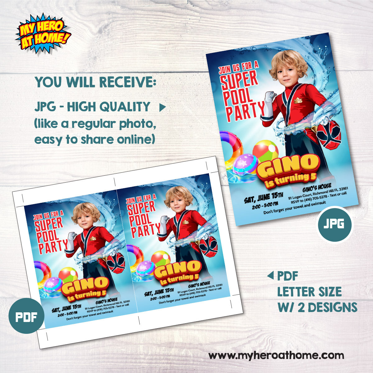 Red Power Ranger Pool Party Invite with Photo, Power Rangers Water Party. 872IN