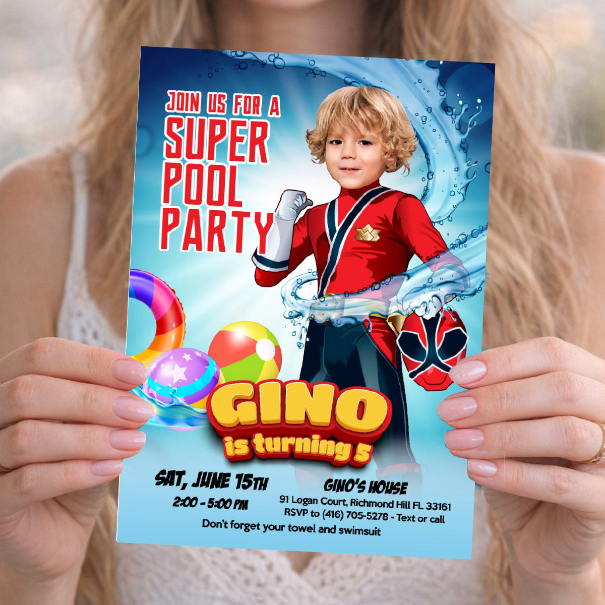 Red Power Ranger Pool Party Invite with Photo, Power Rangers Water Party. 872IN
