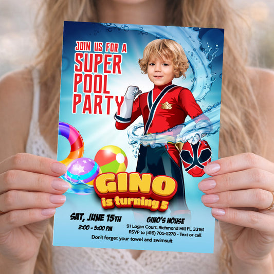 Red Power Ranger Pool Party Invite with Photo, Power Rangers Water Party. 872IN