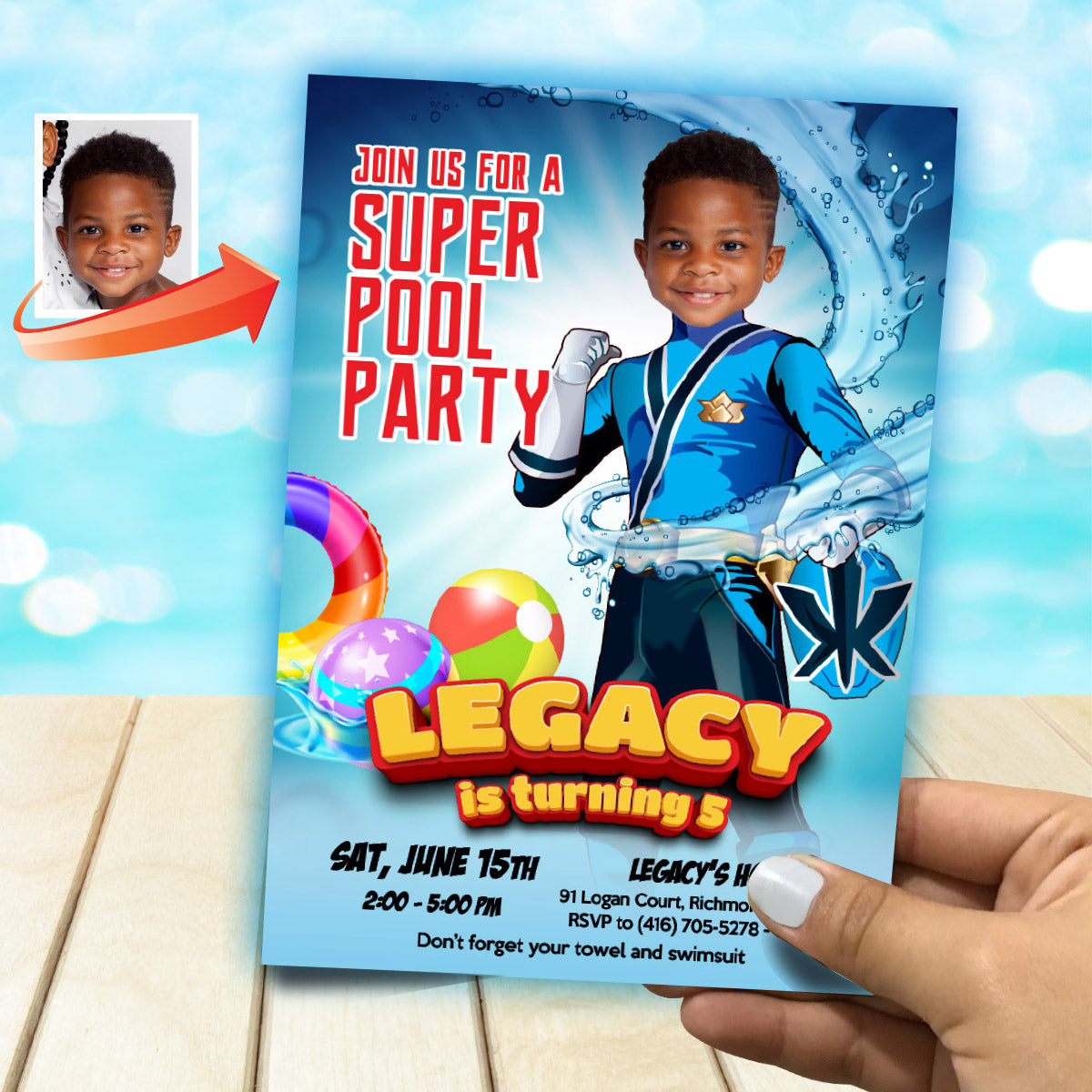 Blue Power Ranger Pool Party Invite with Photo, Power Rangers Water Party. 873IN