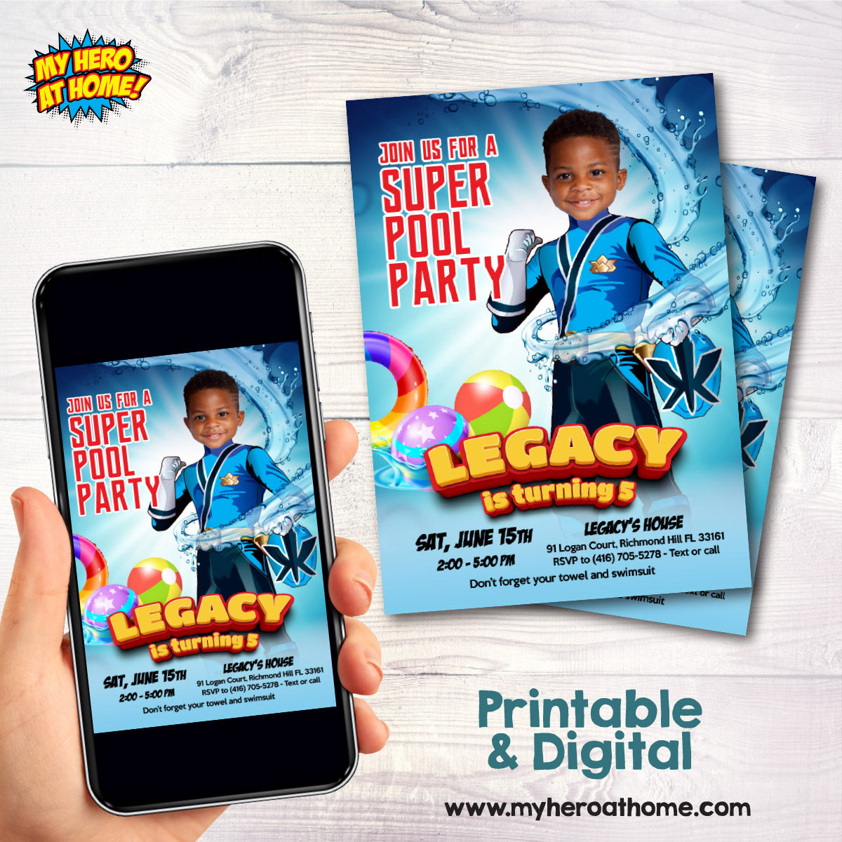 Blue Power Ranger Pool Party Invite with Photo, Power Rangers Water Party. 873IN