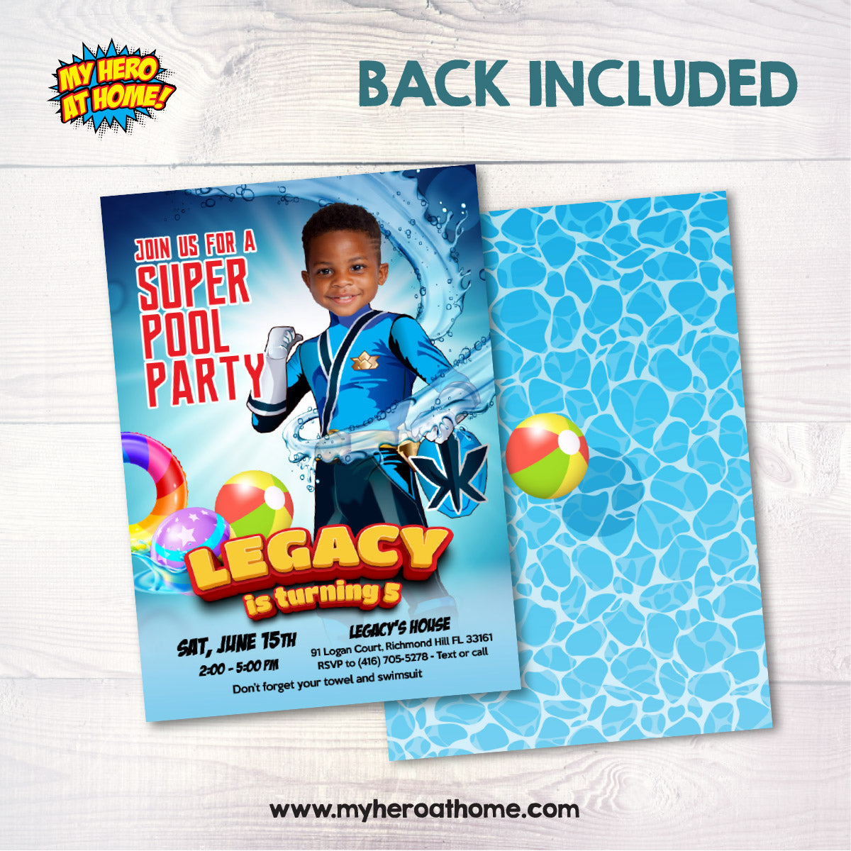 Blue Power Ranger Pool Party Invite with Photo, Power Rangers Water Party. 873IN