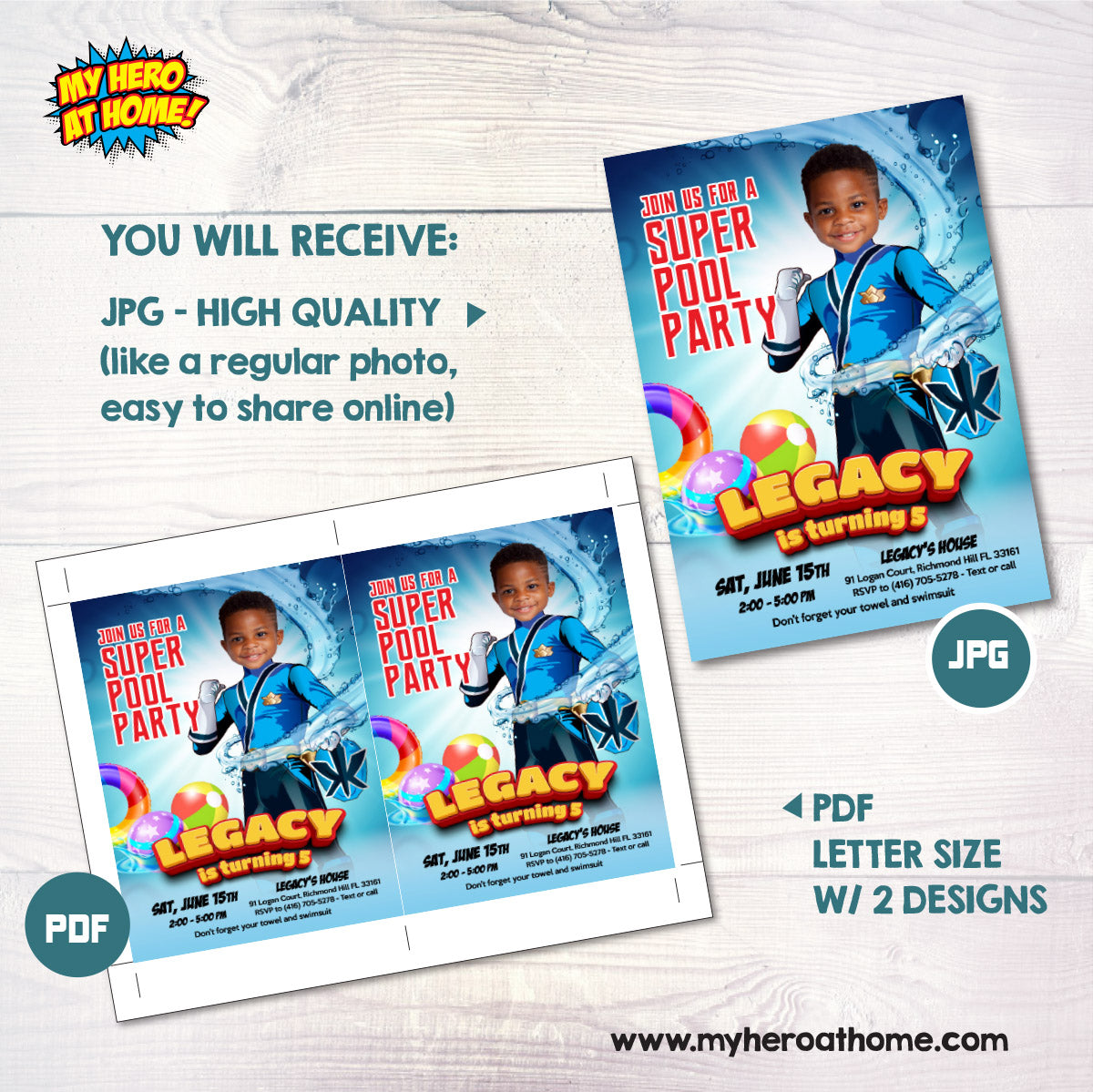 Blue Power Ranger Pool Party Invite with Photo, Power Rangers Water Party. 873IN