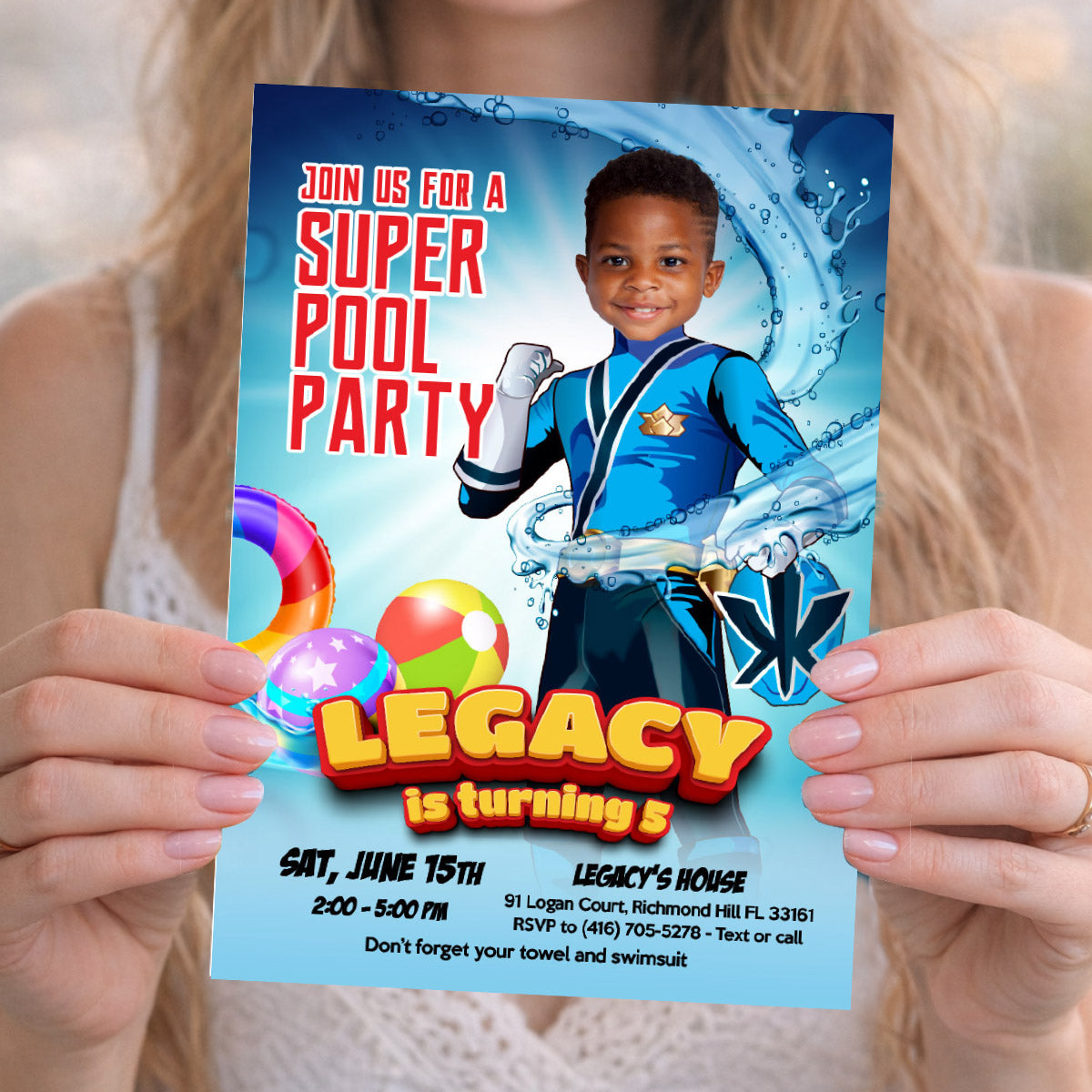 Blue Power Ranger Pool Party Invite with Photo, Power Rangers Water Party. 873IN