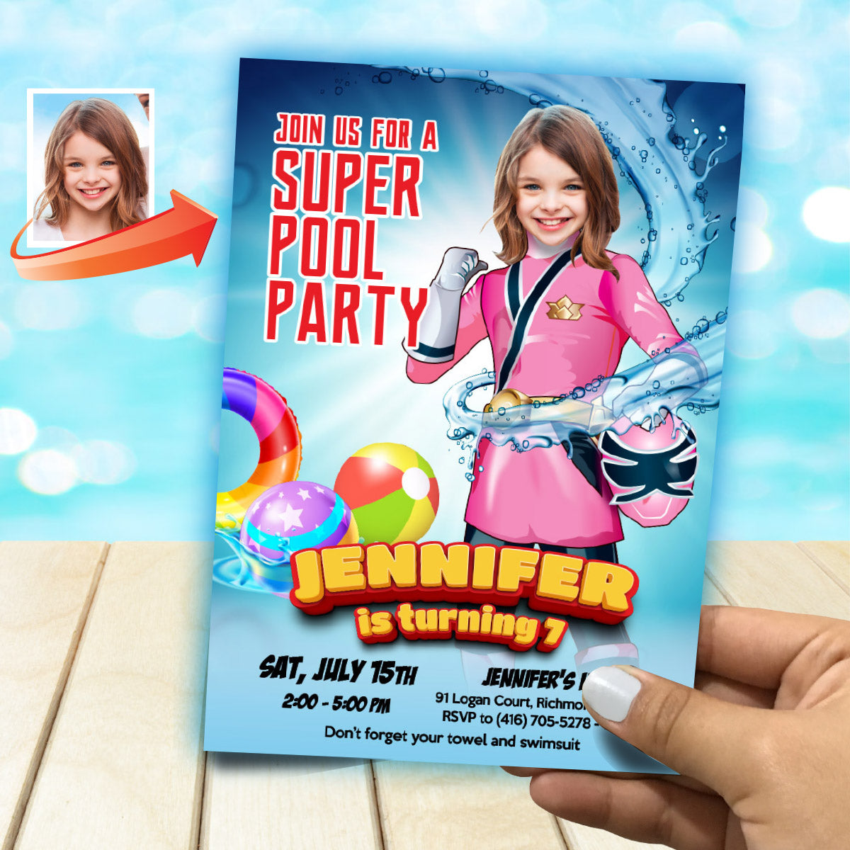 Pink Power Ranger Pool Party Invite with Photo, Girl Power Rangers Water Party. 874IN