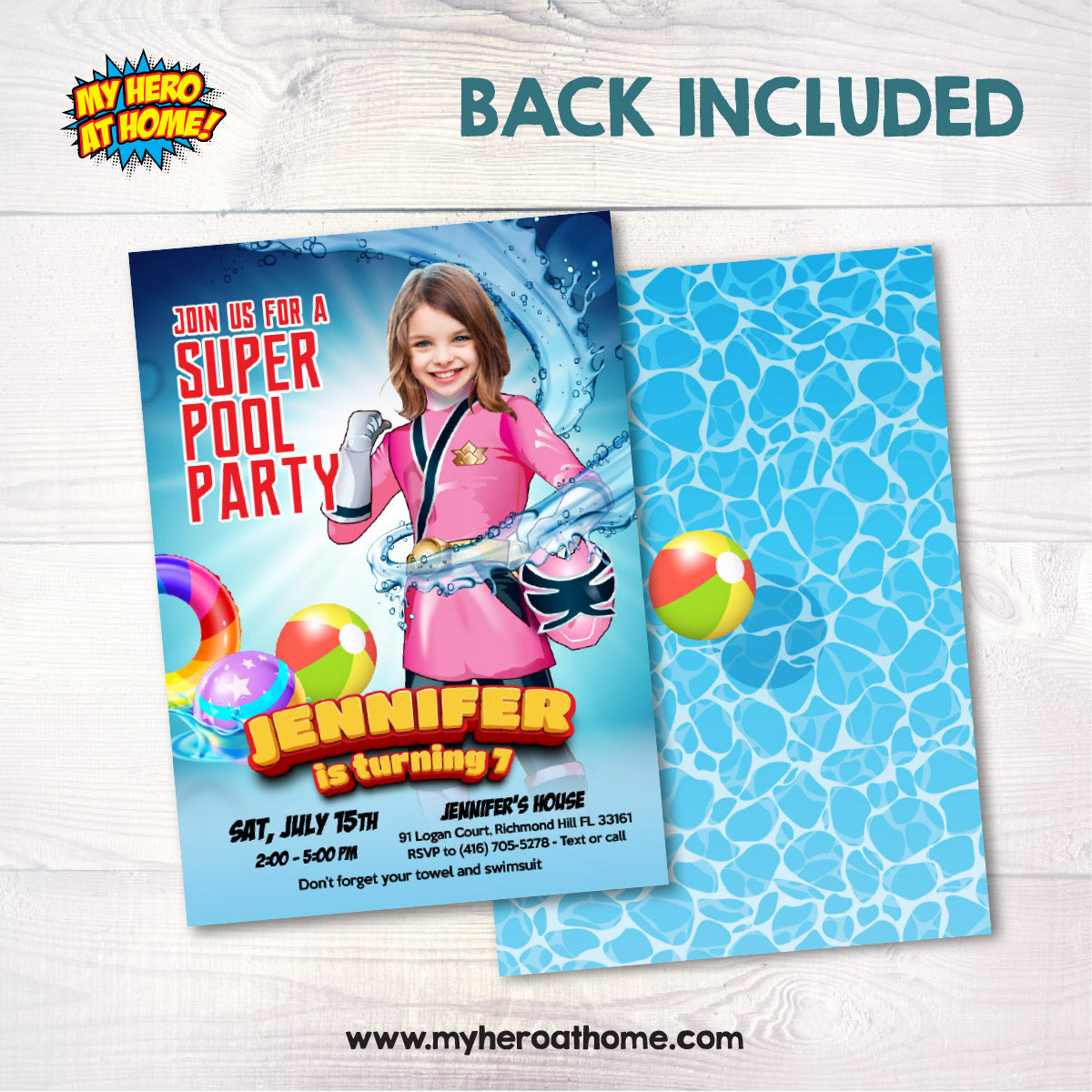 Pink Power Ranger Pool Party Invite with Photo, Girl Power Rangers Water Party. 874IN