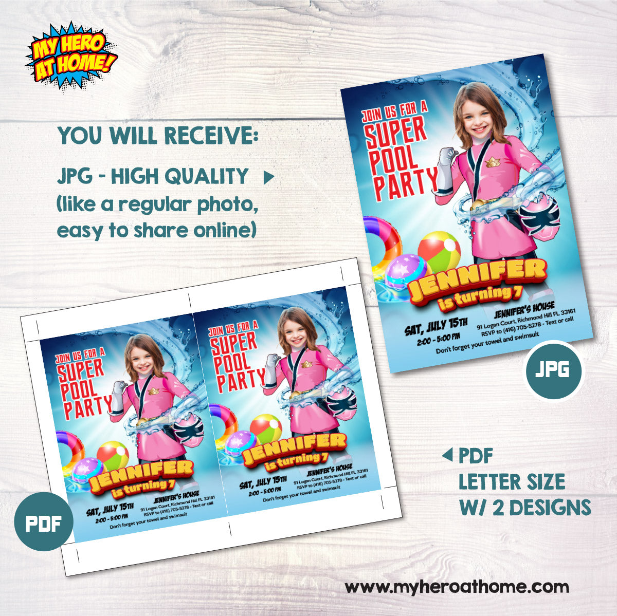 Pink Power Ranger Pool Party Invite with Photo, Girl Power Rangers Water Party. 874IN