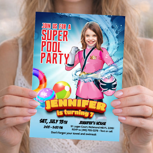 Pink Power Ranger Pool Party Invite with Photo, Girl Power Rangers Water Party. 874IN