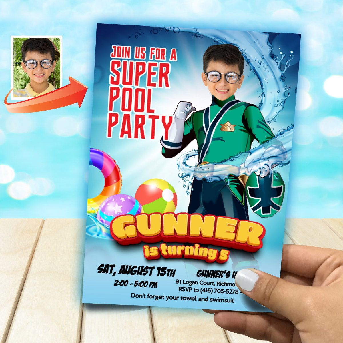 Green Power Ranger Pool Party Invite with Photo, Power Ranger Green Kid Water Party. 875IN
