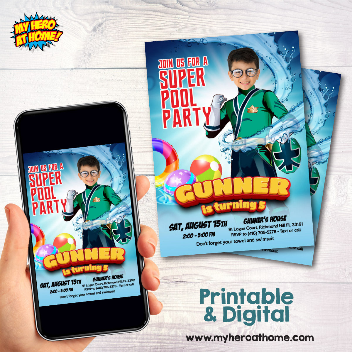 Green Power Ranger Pool Party Invite with Photo, Power Ranger Green Kid Water Party. 875IN