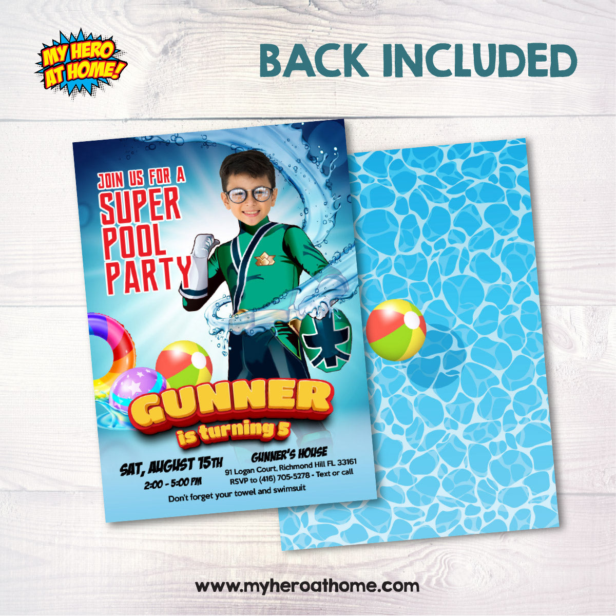 Green Power Ranger Pool Party Invite with Photo, Power Ranger Green Kid Water Party. 875IN