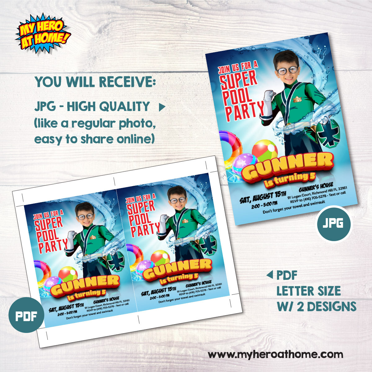 Green Power Ranger Pool Party Invite with Photo, Power Ranger Green Kid Water Party. 875IN