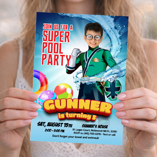 Green Power Ranger Pool Party Invite with Photo, Power Ranger Green Kid Water Party. 875IN
