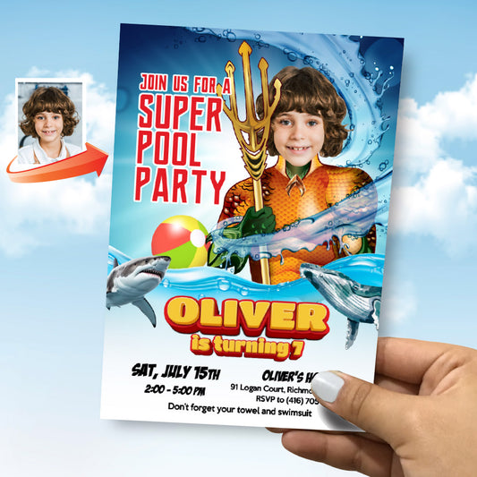 Aquaman Pool Party template invitation with kid as the star, Pool party themed Aquaman, Aquaman Splash Party. 890IN