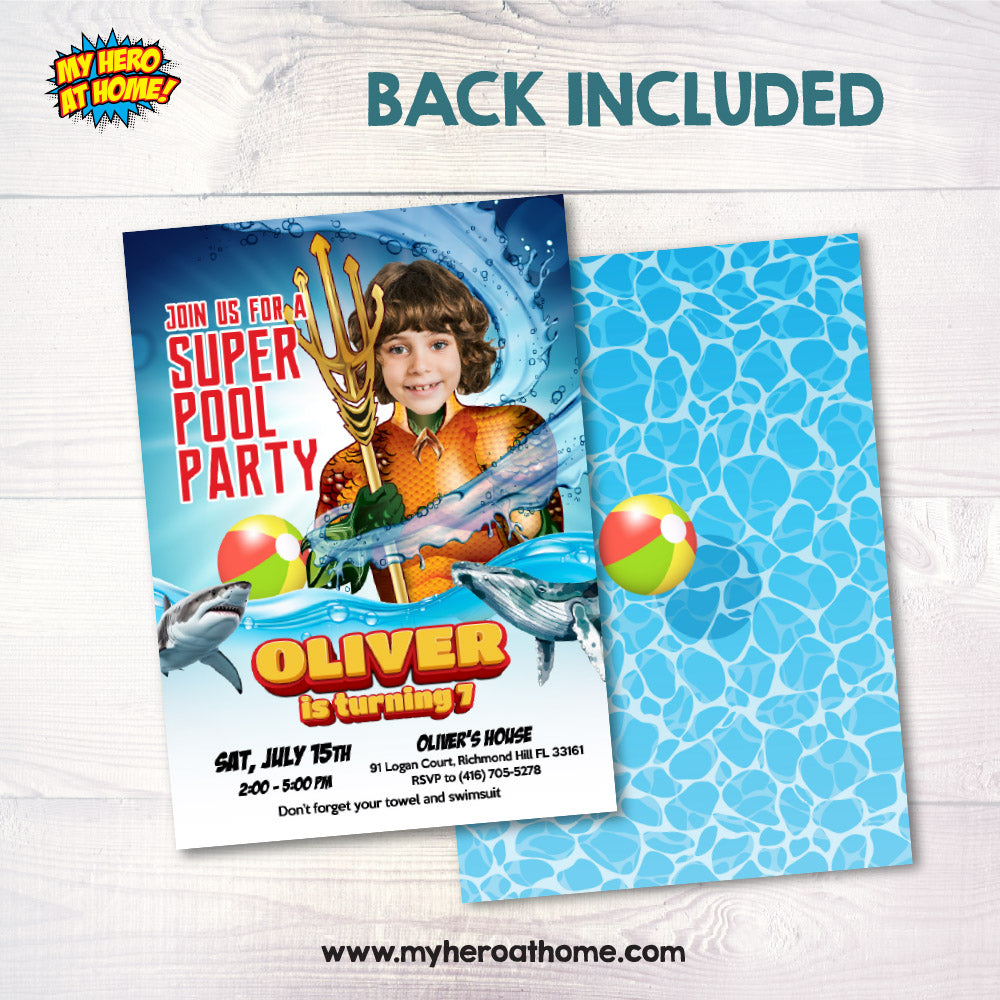 Aquaman Pool Party template invitation with kid as the star, Pool party themed Aquaman, Aquaman Splash Party. 890IN