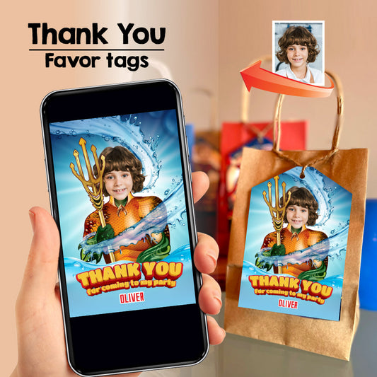 Aquaman thank you for coming to my pool party, Personalized Aquaman photo favor tags. 890TY