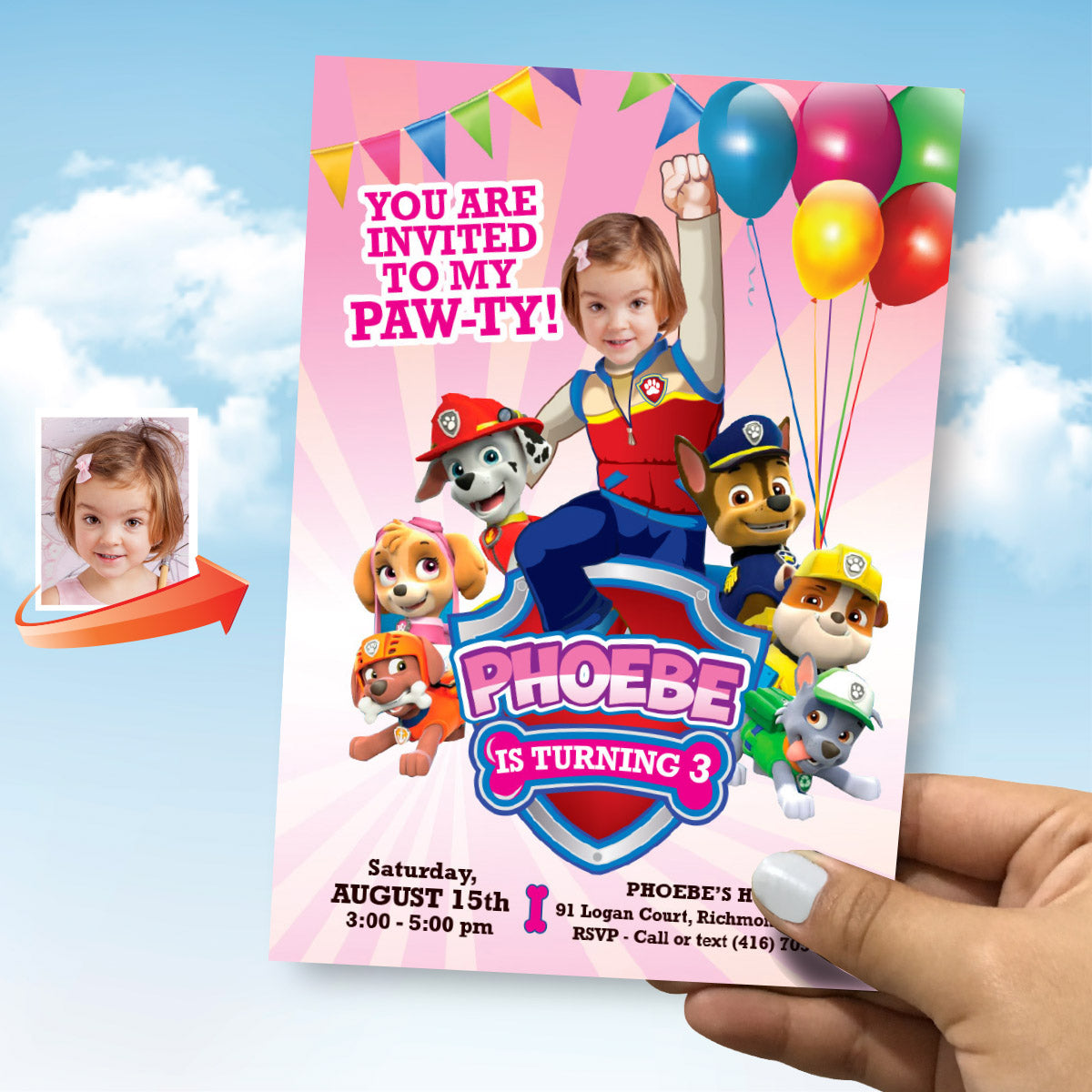 Girl Paw Patrol Pawty Invitation with photo, Paw Patrol Birthday invite with girl as Ryder. 893
