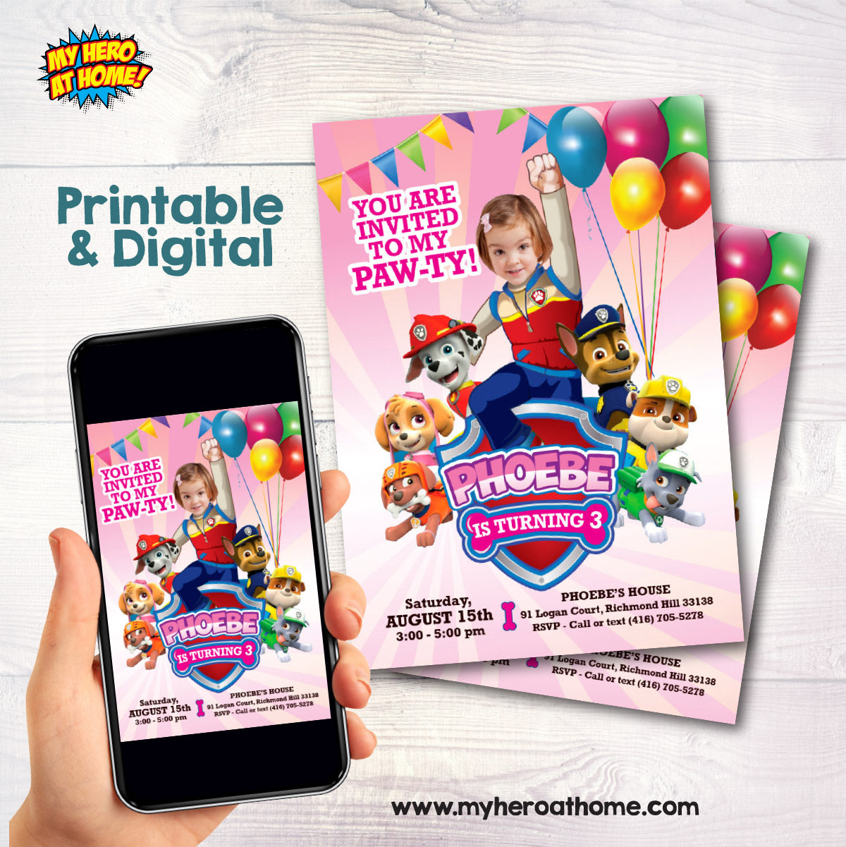 Girl Paw Patrol Pawty Invitation with photo, Paw Patrol Birthday invite with girl as Ryder. 893