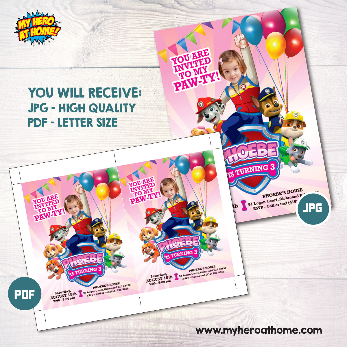 Girl Paw Patrol Pawty Invitation with photo, Paw Patrol Birthday invite with girl as Ryder. 893