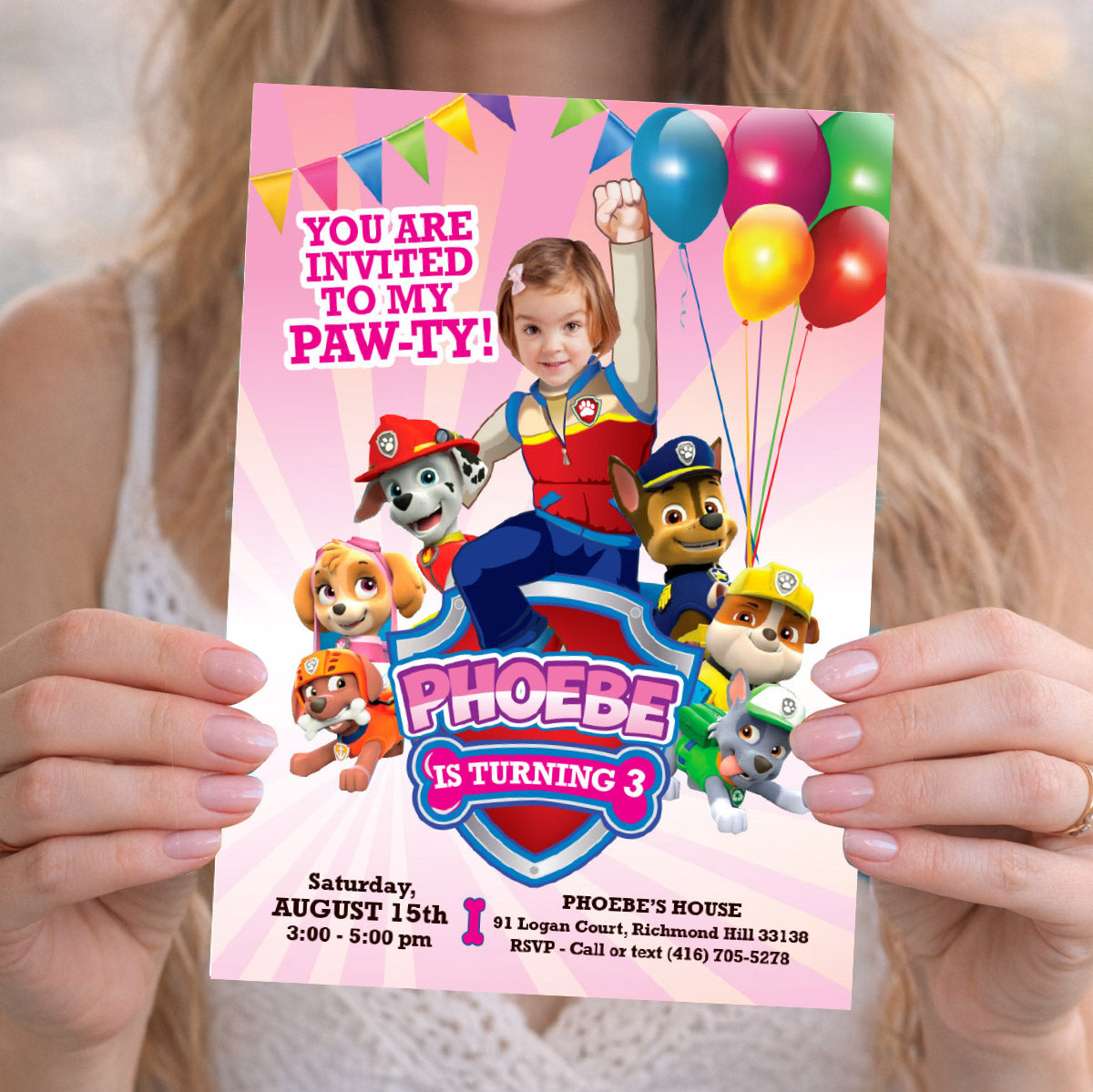 Girl Paw Patrol Pawty Invitation with photo, Paw Patrol Birthday invite with girl as Ryder. 893