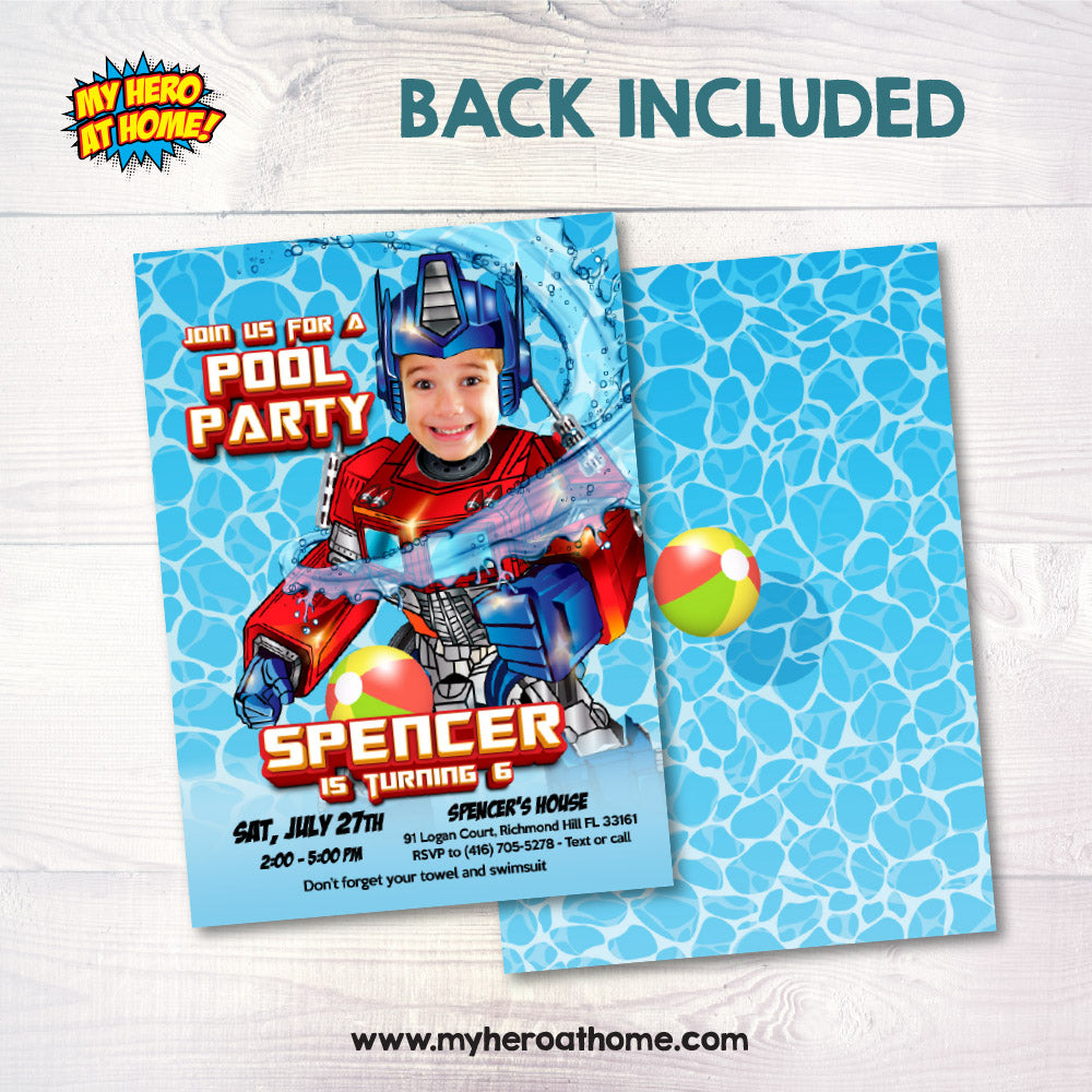 Optimus Prime Pool Party Invitation with photo, Transformers Splash Party, Autobots splash party. 898