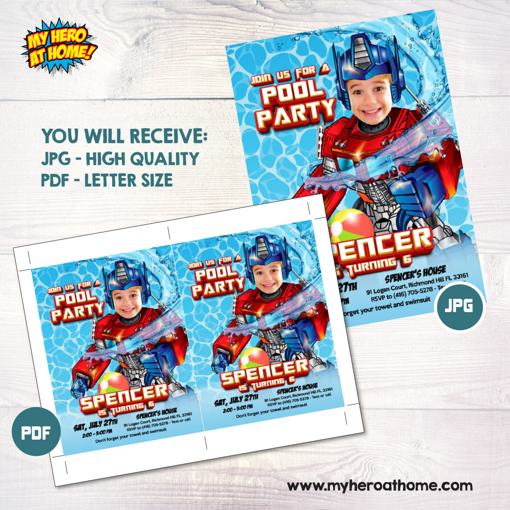 Optimus Prime Pool Party Invitation with photo, Transformers Splash Party, Autobots splash party. 898