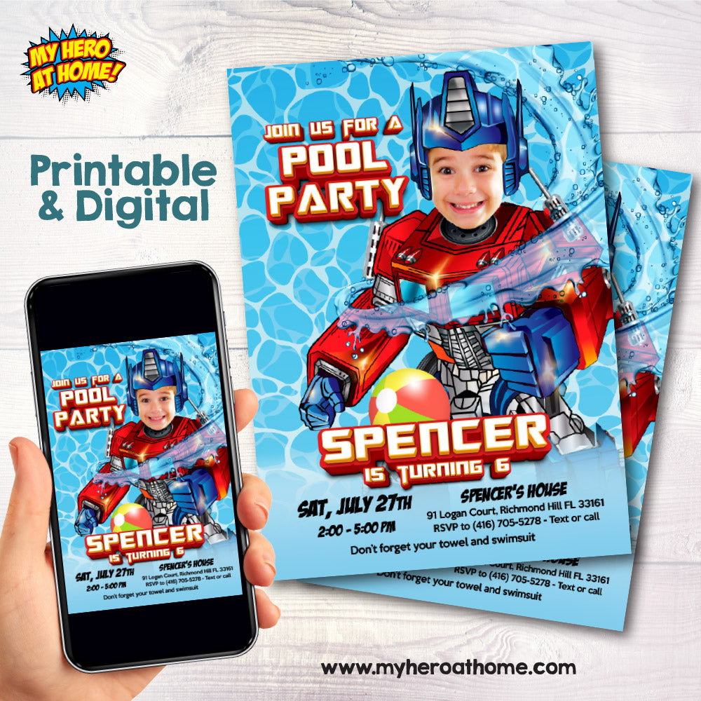 Optimus Prime Pool Party Invitation with photo, Transformers Splash Party, Autobots splash party. 898