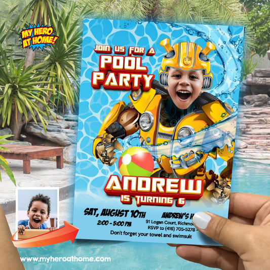 Bumblebee Pool Party Invitation with photo, Transformers Pool Party Invite. Autobots pool party. 899
