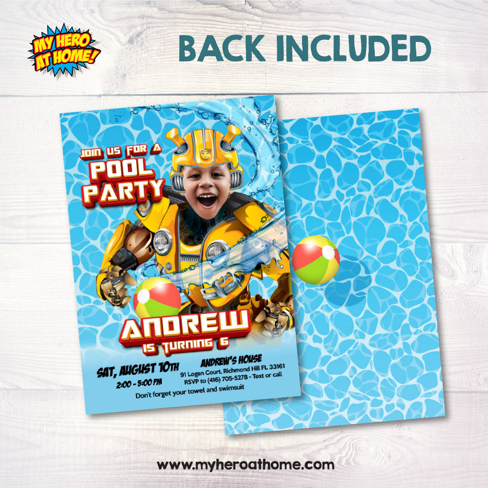 Bumblebee Pool Party Invitation with photo, Transformers Pool Party Invite. Autobots pool party. 899