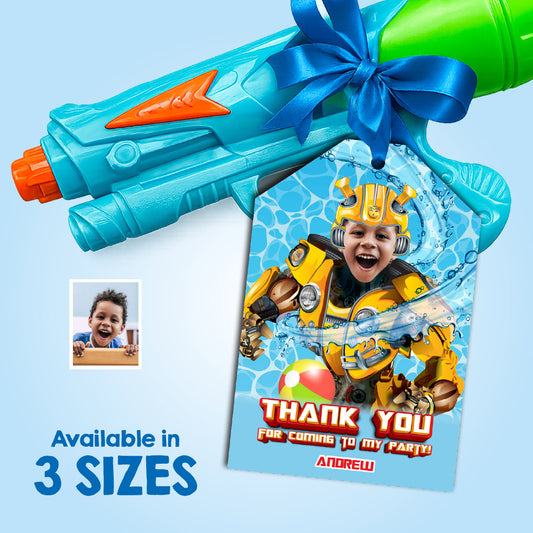 Autobots Pool Party thank you and Favor Tags with child as Bumblebee. 899TY