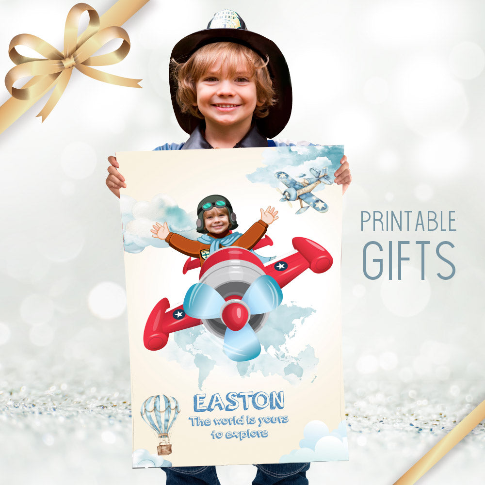 Personalized Vintage Airplane Gift Print with your kid as the pilot (Printable, Digital download). 911GF