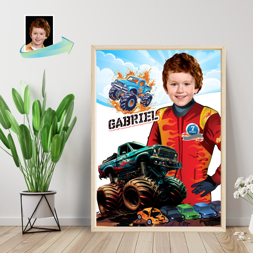Monster Truck Poster with Child as the Star, Monster Truck Smash Crash wall. 916C