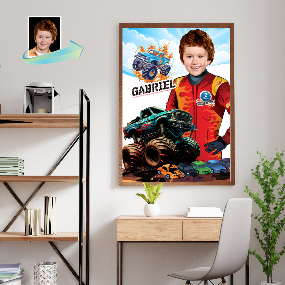 Monster Truck Poster with Child as the Star, Monster Truck Smash Crash wall. 916C