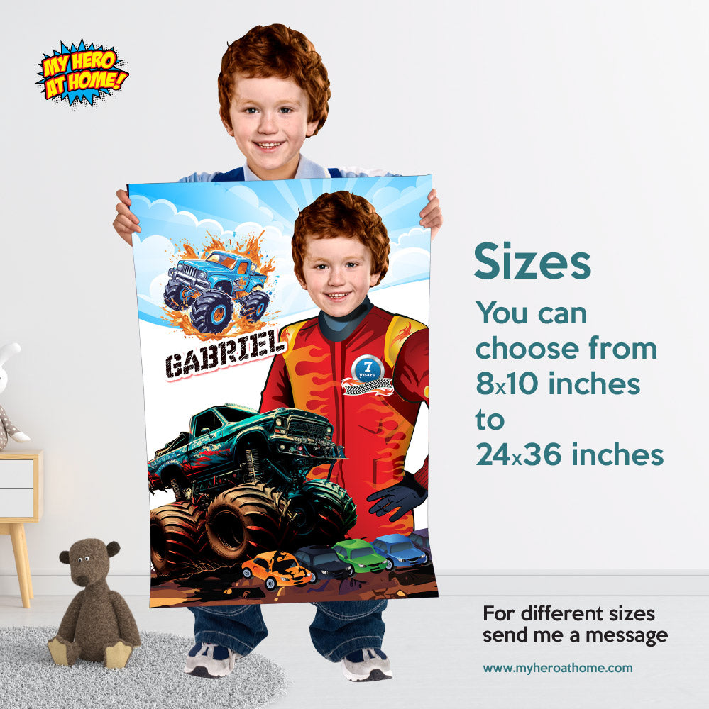 Monster Truck Poster with Child as the Star, Monster Truck Smash Crash wall. 916C