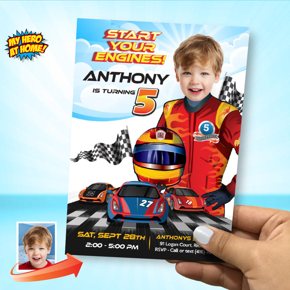 Racing Car Birthday Invitation with Kid as the Star, Start your engines Invitation. 926IN