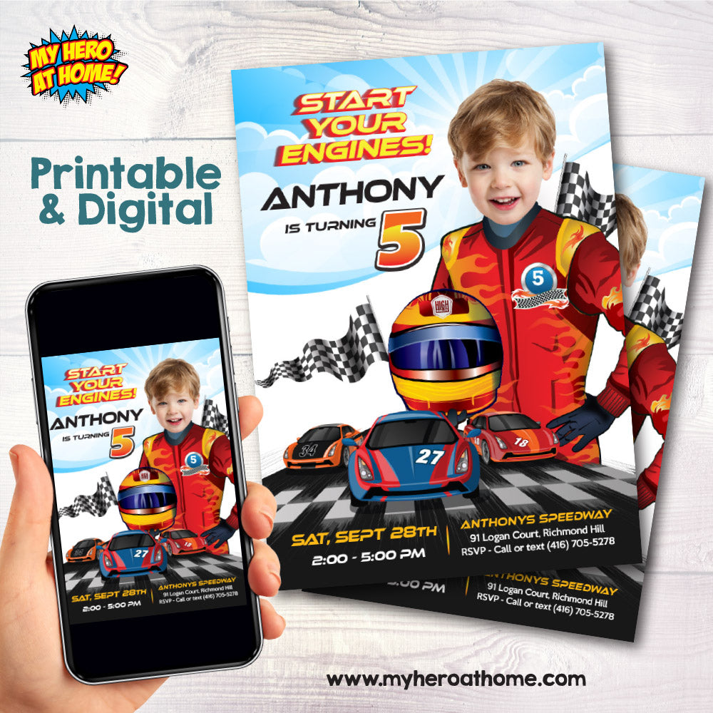 Racing Car Birthday Invitation with Kid as the Star, Start your engines Invitation. 926IN