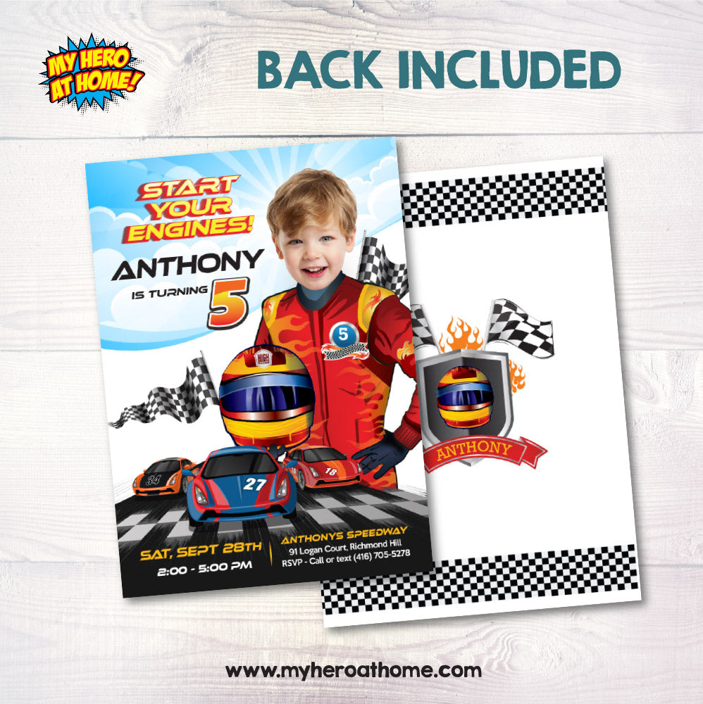 Racing Car Birthday Invitation with Kid as the Star, Start your engines Invitation. 926IN