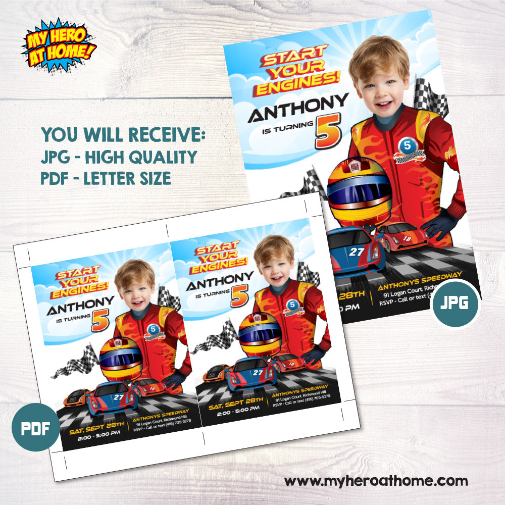 Racing Car Birthday Invitation with Kid as the Star, Start your engines Invitation. 926IN
