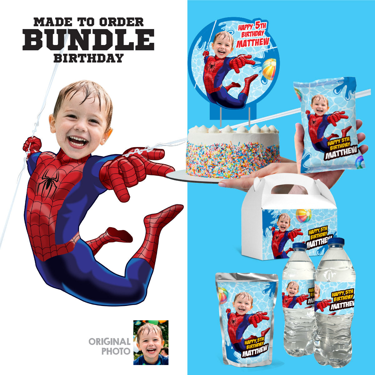 Spiderman Pool Party Table Matching Items Bundle with birthday kid as the star. 932B1