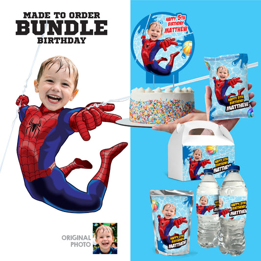 Spiderman Pool Party Table Matching Items Bundle with birthday kid as the star. 932B1