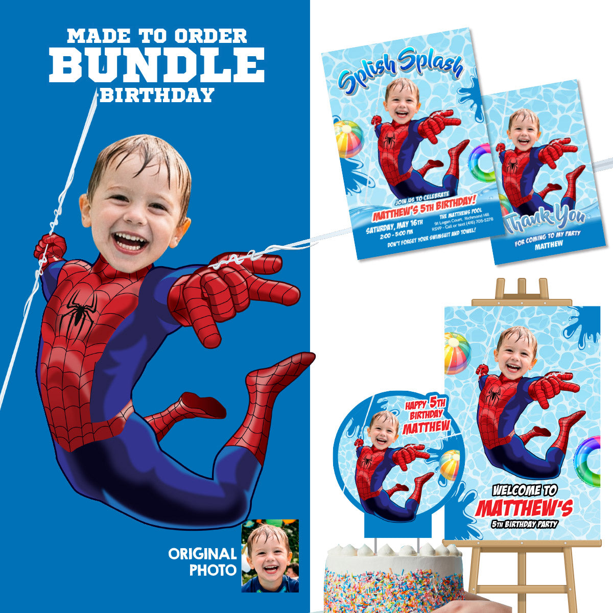 Personalized Spiderman Pool Party Birthday Bundle with photo. 932B2
