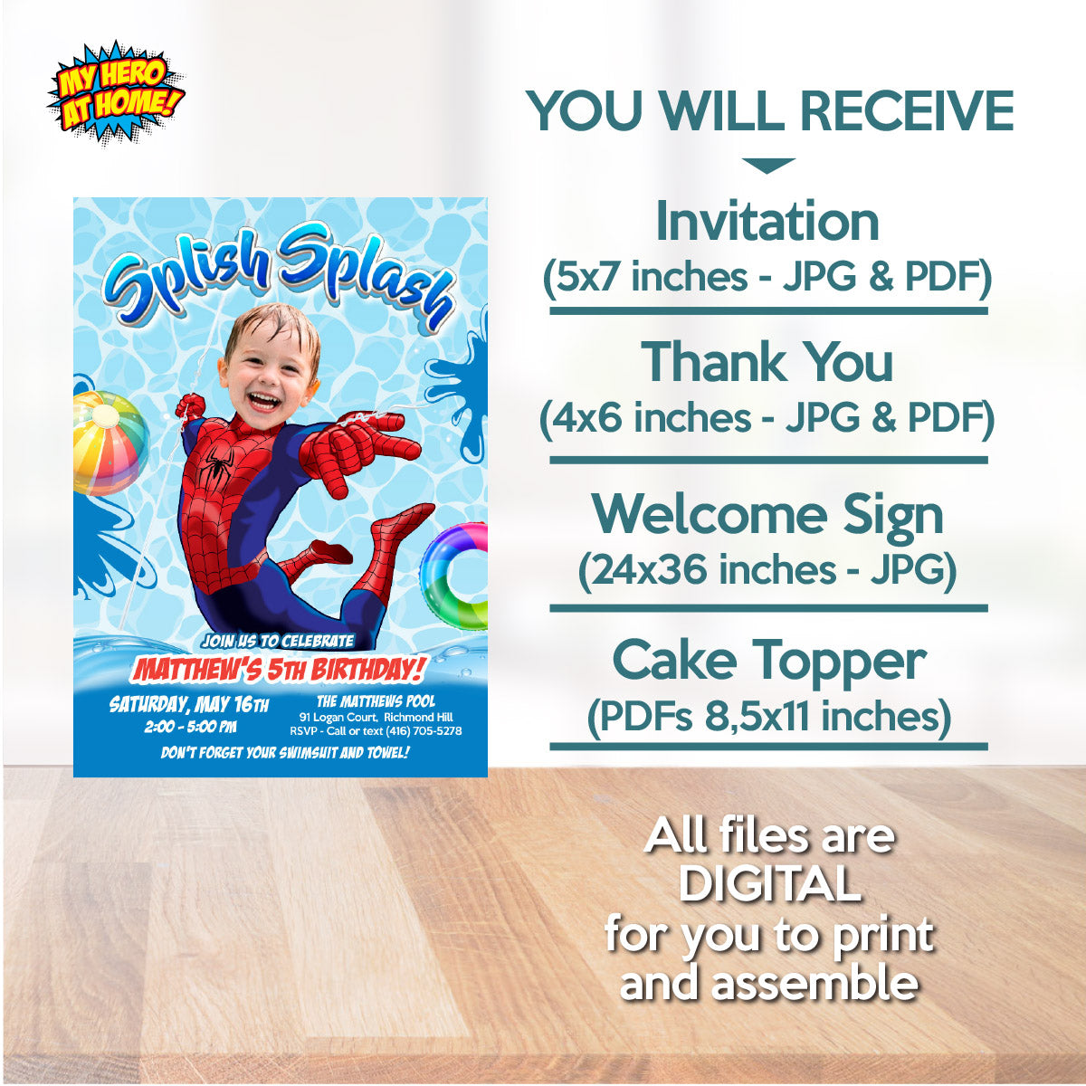 Personalized Spiderman Pool Party Birthday Bundle with photo. 932B2