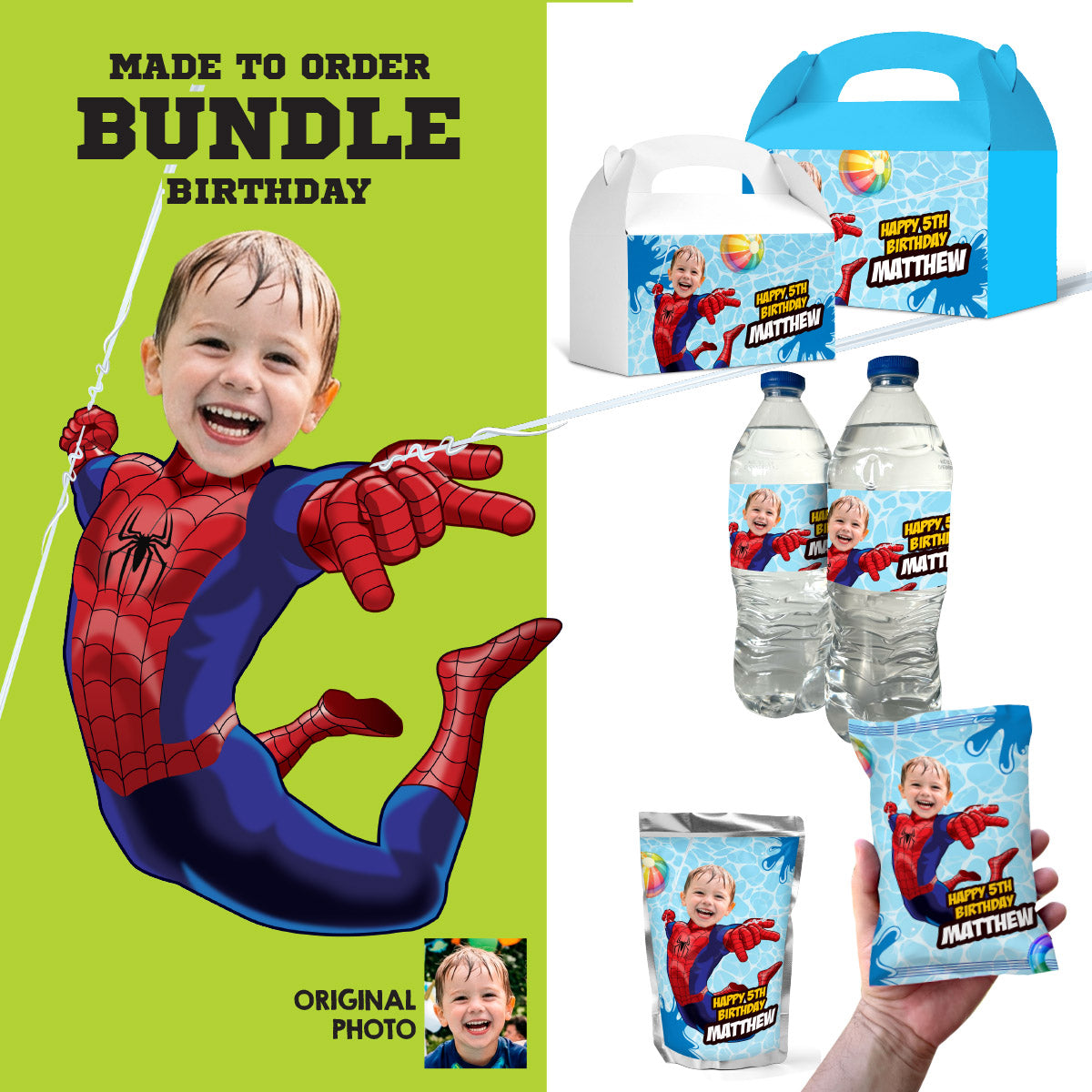Customized Spiderman snacks labels Bundle with photo: Drinks labels, Chip bags, Candy boxes. 932B3