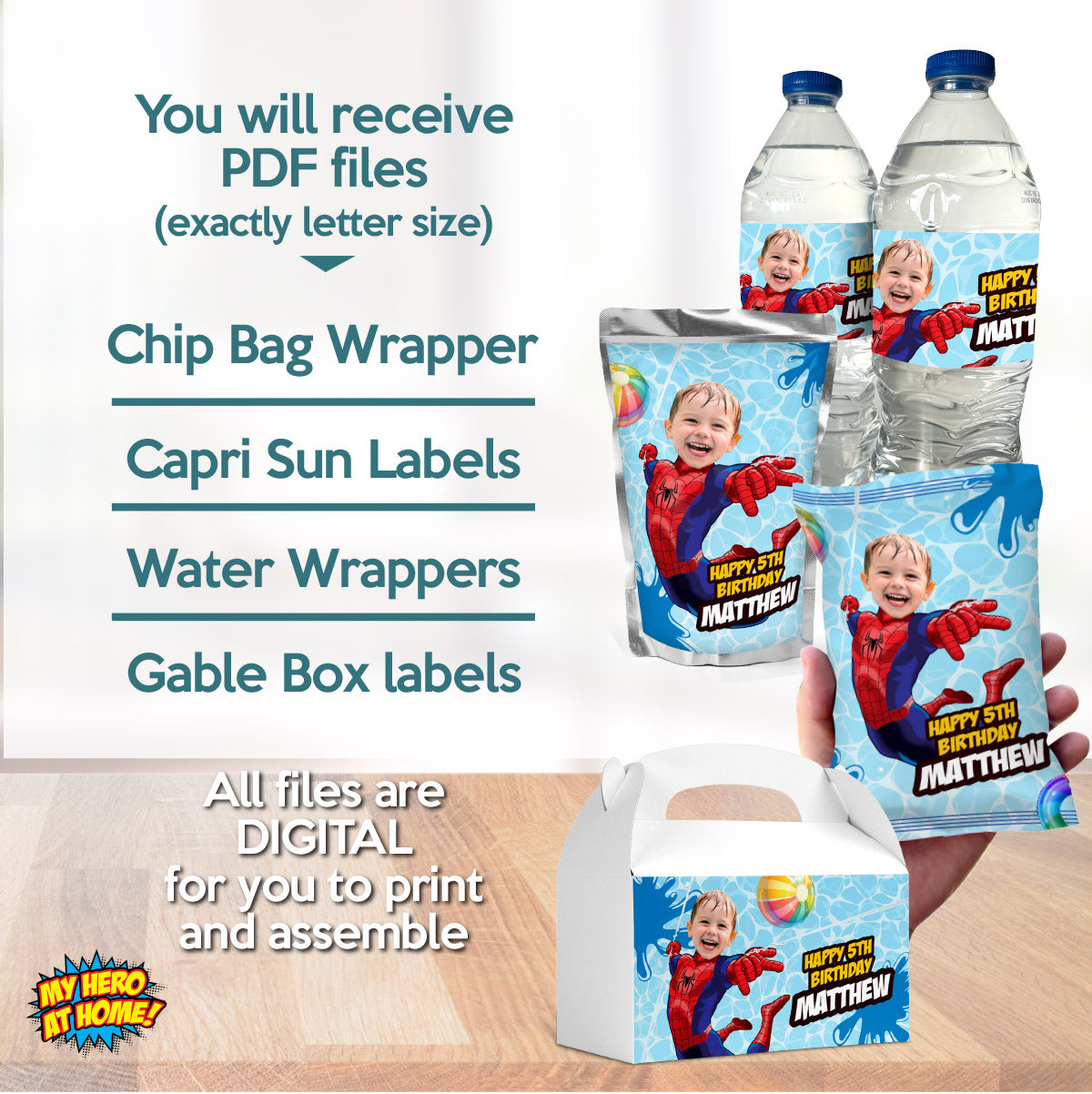 Customized Spiderman snacks labels Bundle with photo: Drinks labels, Chip bags, Candy boxes. 932B3