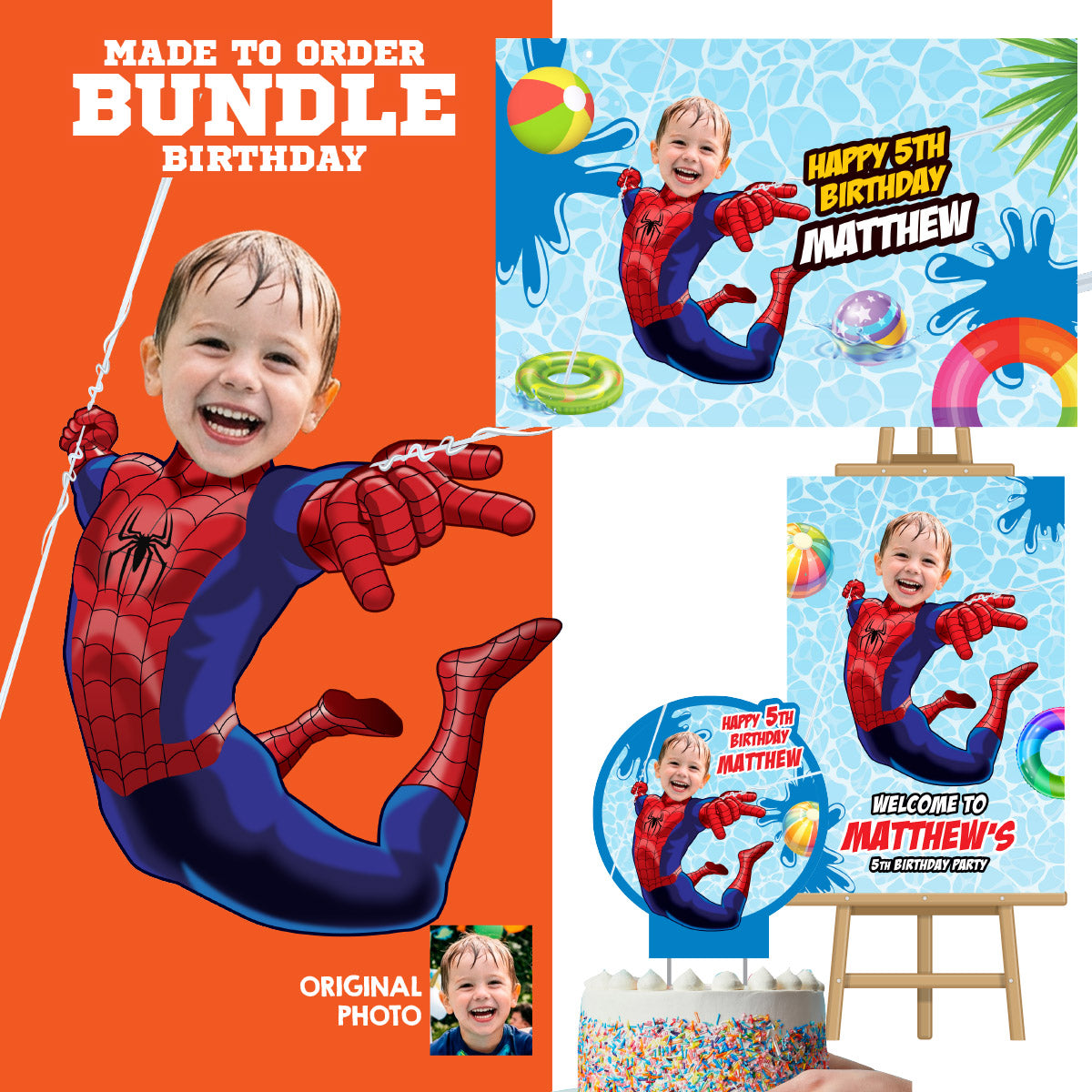 Bundle Spiderman Splash Party decoration with birthday kid as the star: Backdrop, Cake, Welcome. 932B4