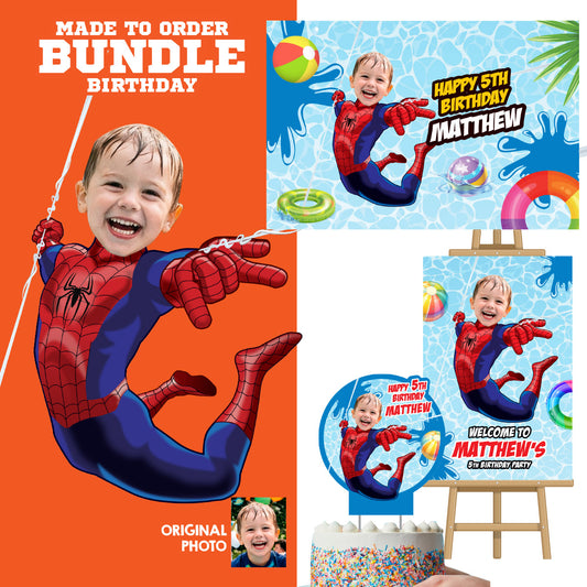 Bundle Spiderman Splash Party decoration with birthday kid as the star: Backdrop, Cake, Welcome. 932B4