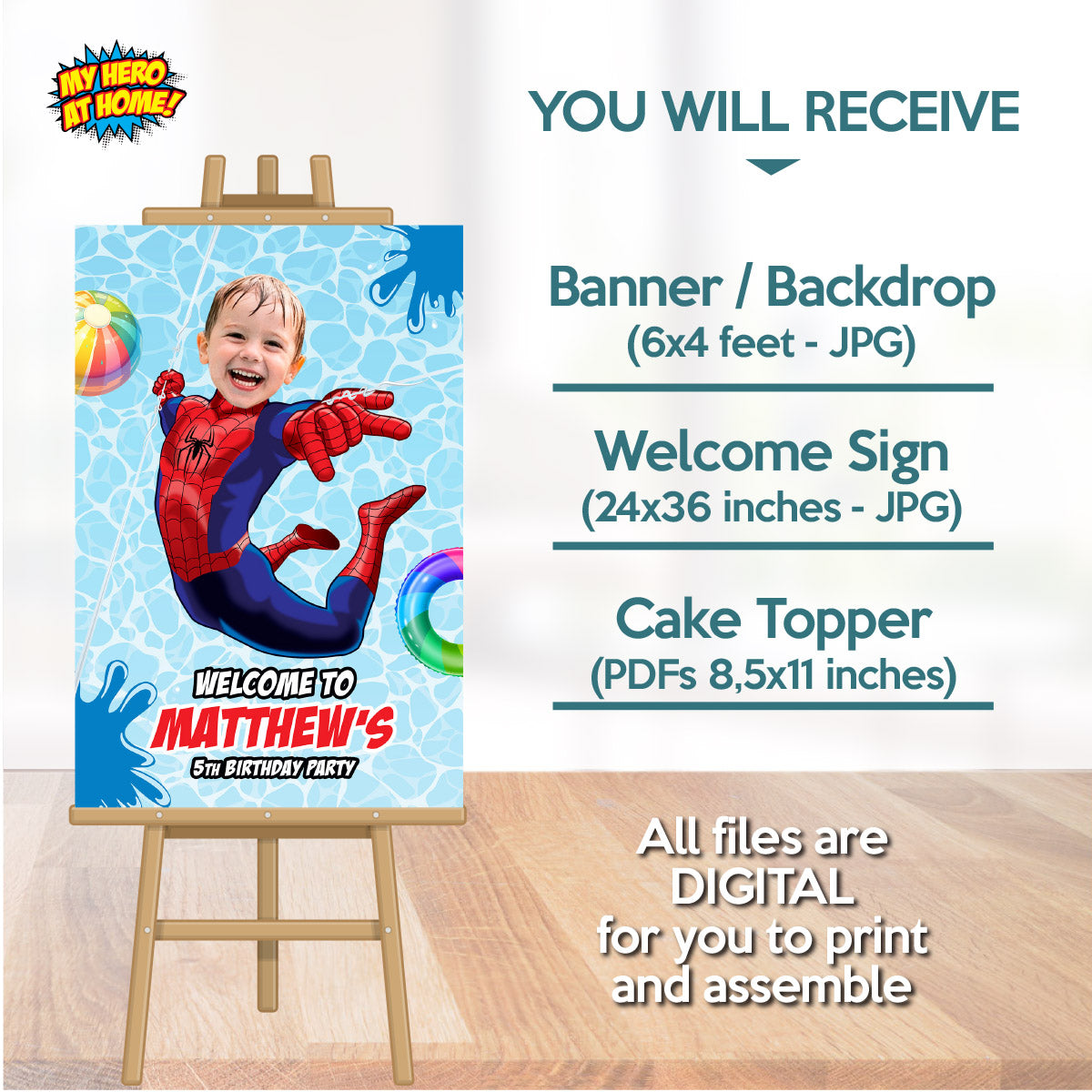Bundle Spiderman Splash Party decoration with birthday kid as the star: Backdrop, Cake, Welcome. 932B4